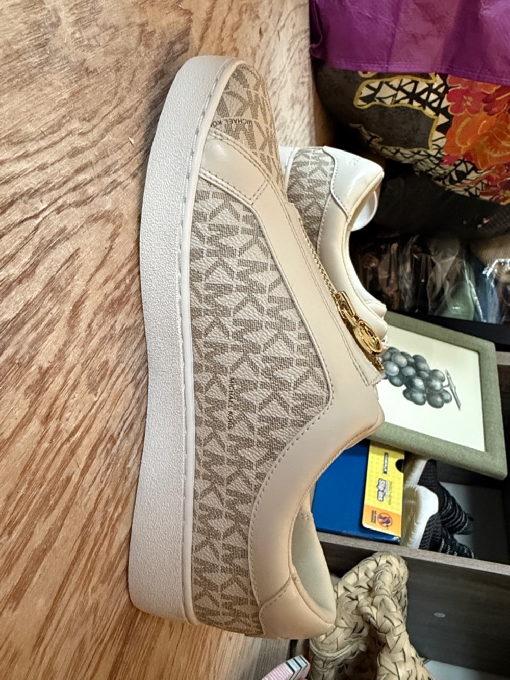 Michael Kors Beige and White Monogram Zip-Front Slip-On Sneakers - Picture 3 of 9